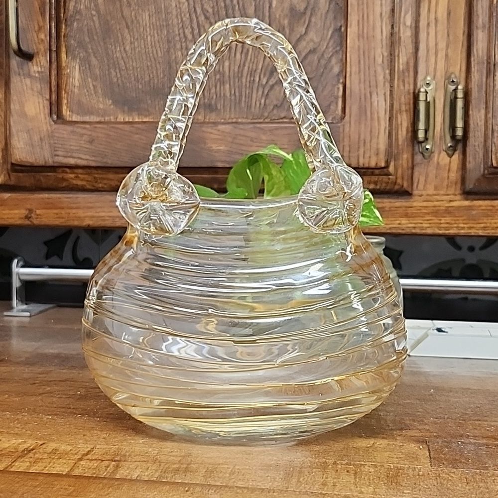 Vintage gold and clear Hand Bag Art Glass